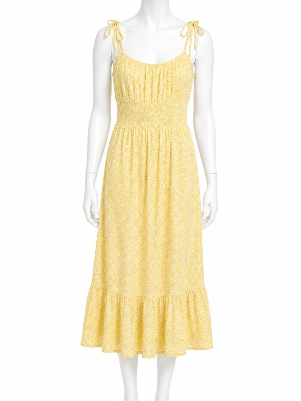 Yellow Floral Midi Dress Small Boho Sundress Women's Spring Summer